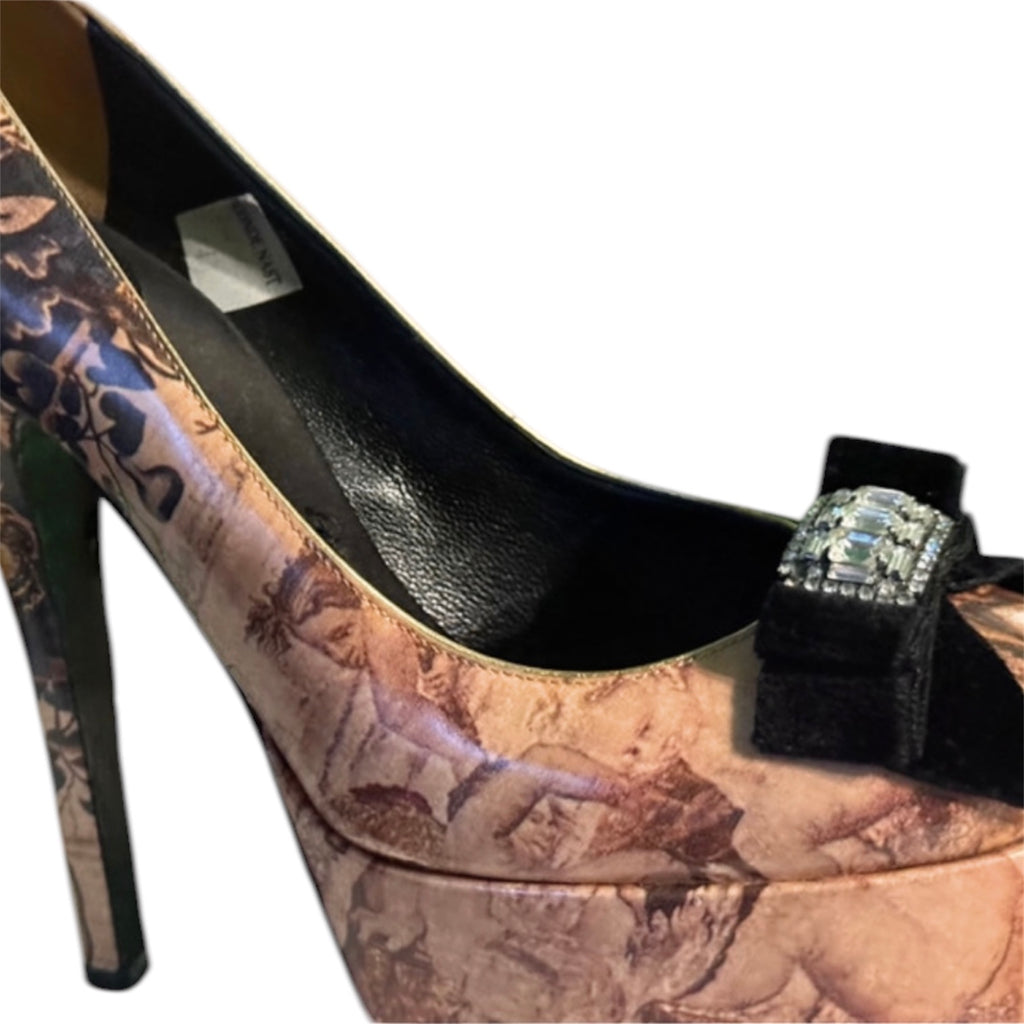 DOLCE & GABBANA TAPESTRY PRINT AND BOW PLATFORM HEELS