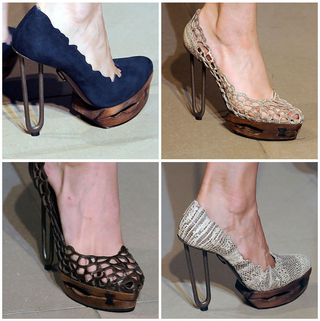 JIL SANDER 2010 BLUE METAL & WOODEN PLATFORM HEELS BY RAF SIMONS