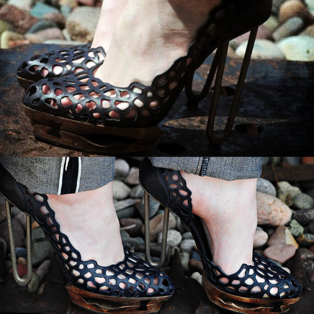 JIL SANDER 2010 BLUE METAL & WOODEN PLATFORM HEELS BY RAF SIMONS