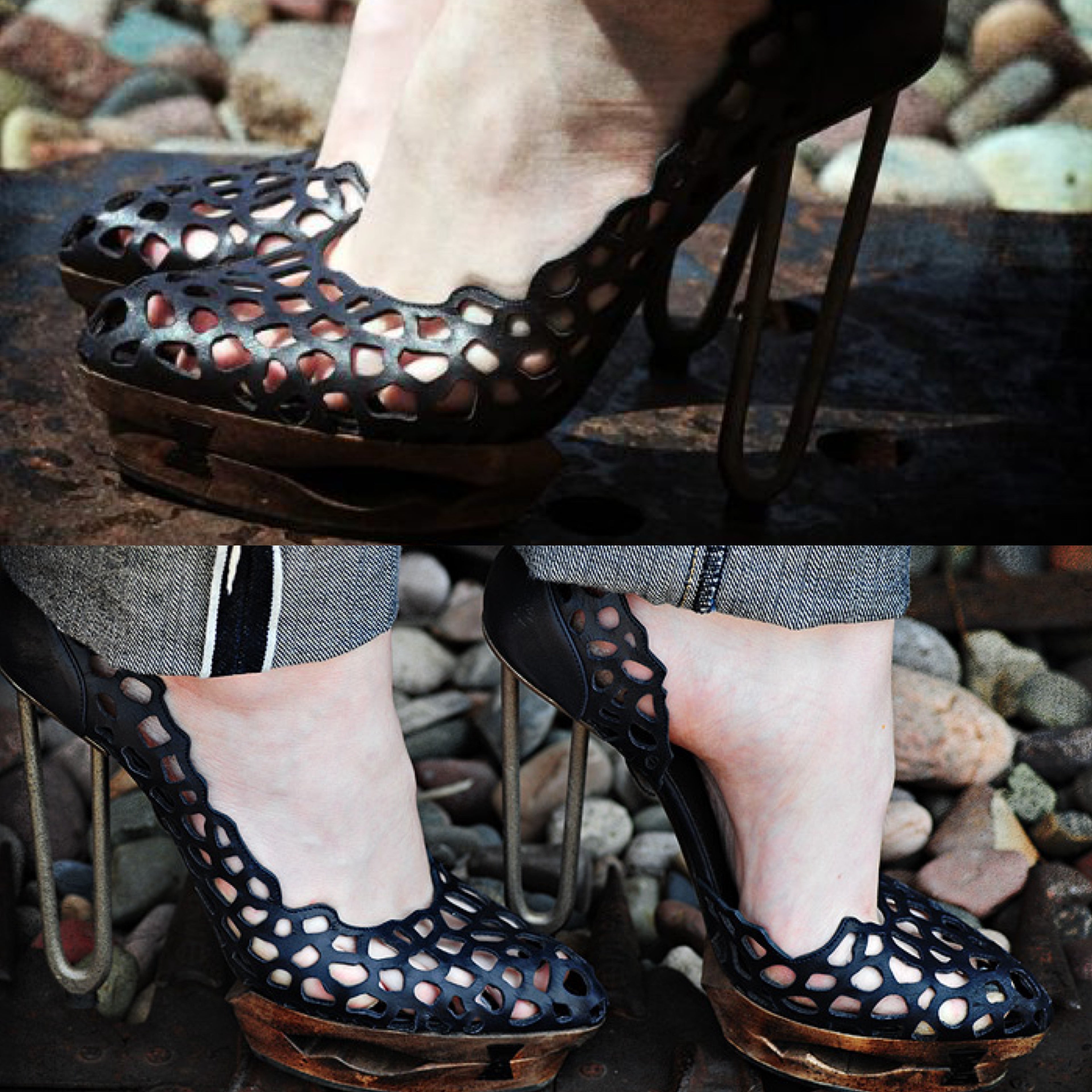 JIL SANDER 2010 BLUE METAL & WOODEN PLATFORM HEELS BY RAF SIMONS